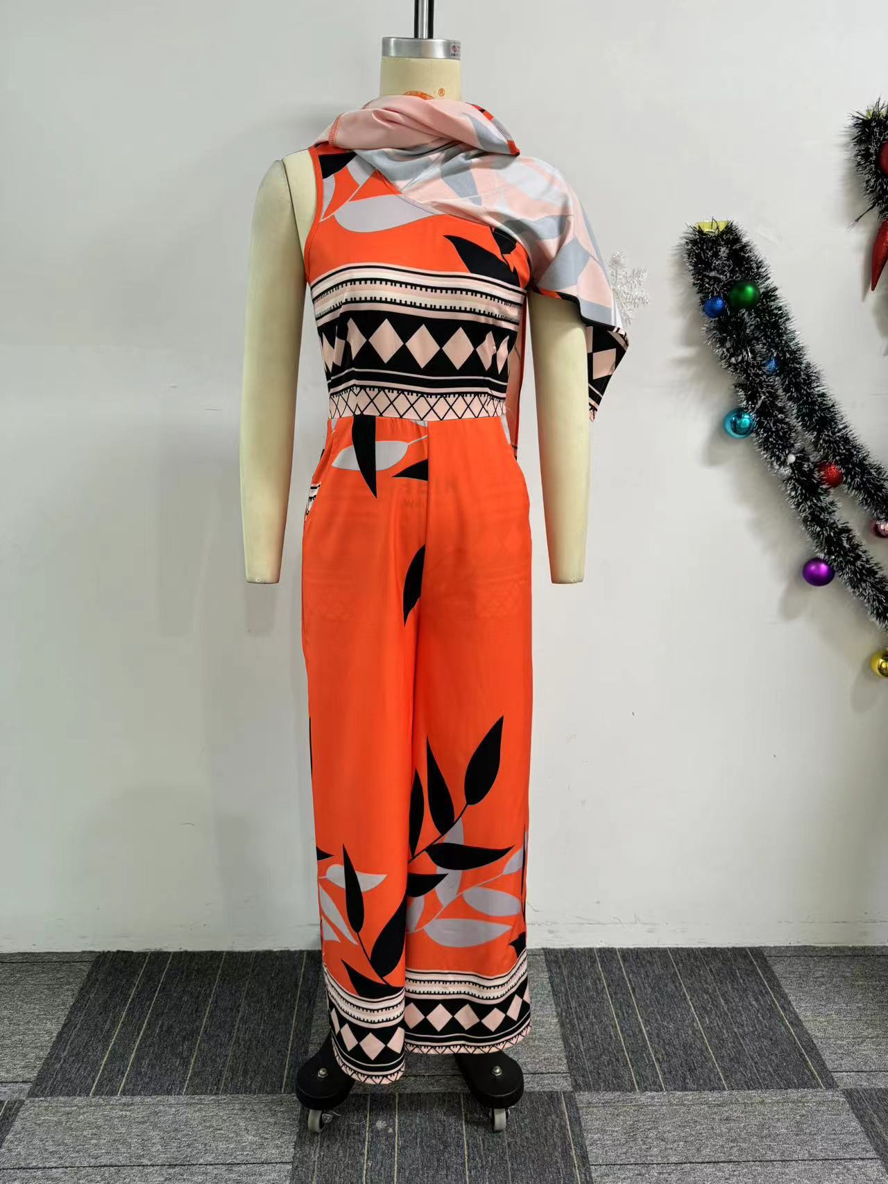 Printed Slash Shoulder Irregular Wide Leg Jumpsuit 4