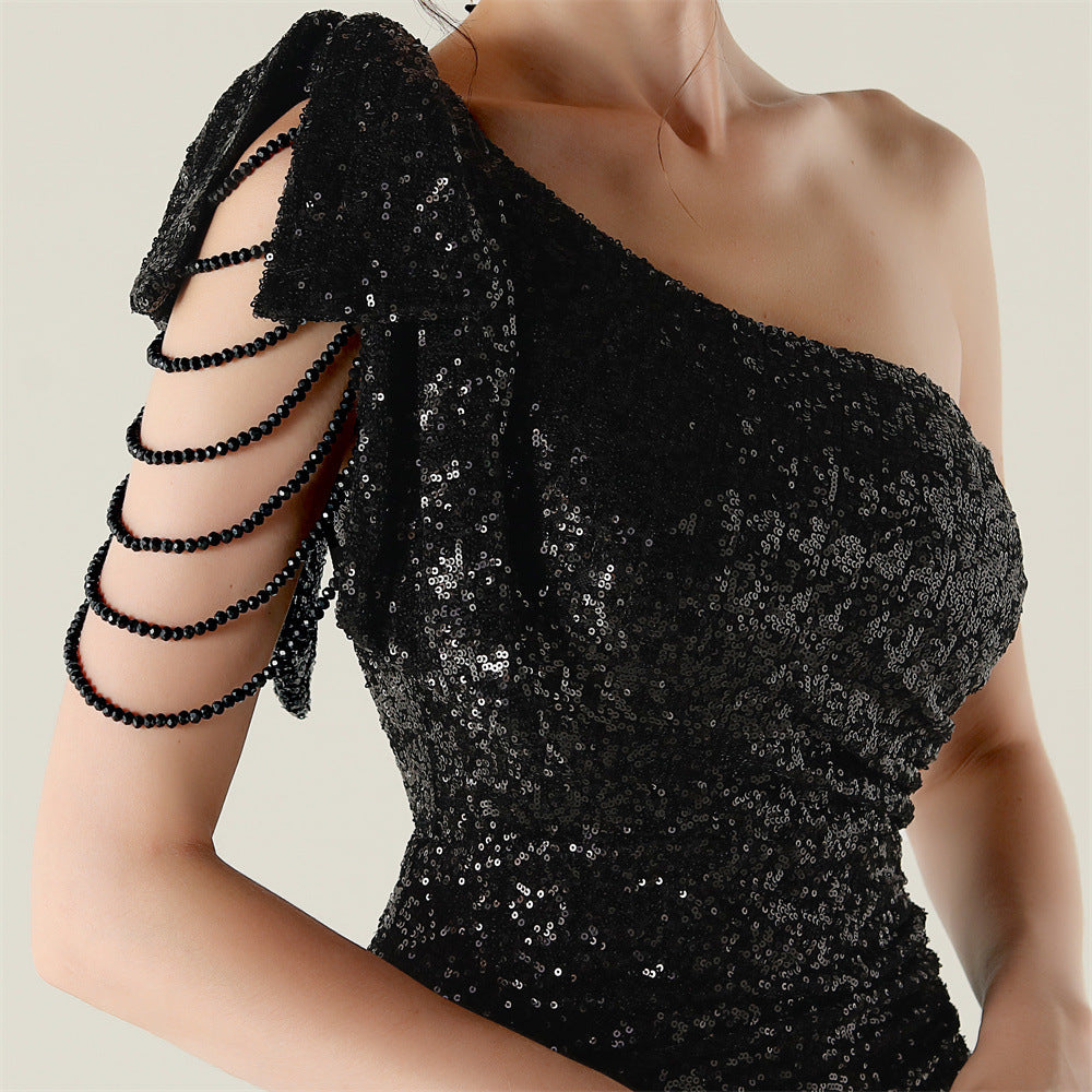 Plus Size Women clothing one-shoulder nail flower beaded evening dress 32