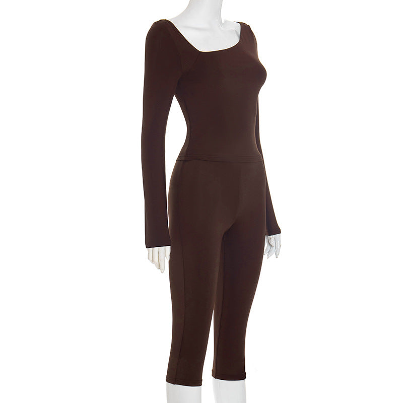 Irregular Slash Shoulder Long Sleeve Top and Solid Capri Two-Piece Set 7