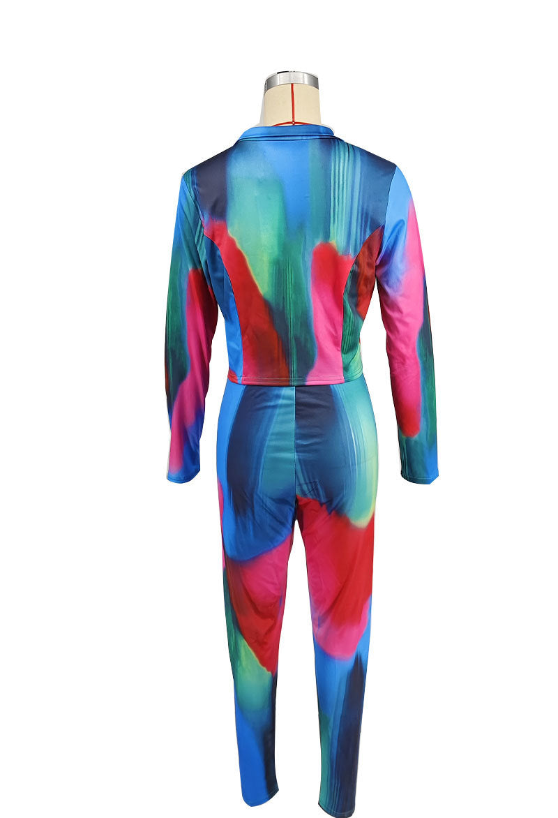 Fashionable Autumn Print Zipper Long Sleeve Slim Fit Two-Piece Pants Set 5