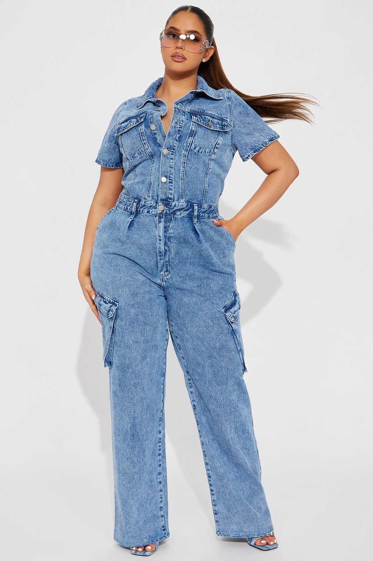 Short Sleeve Tight-Waisted Slim-Fit Stretch-Washed Denim Jumpsuit 4