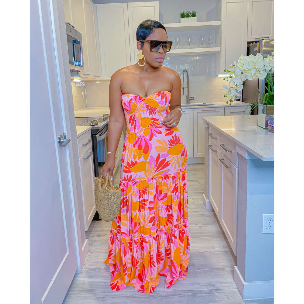 Summer Printed Strapless Swing Maxi Dress 3