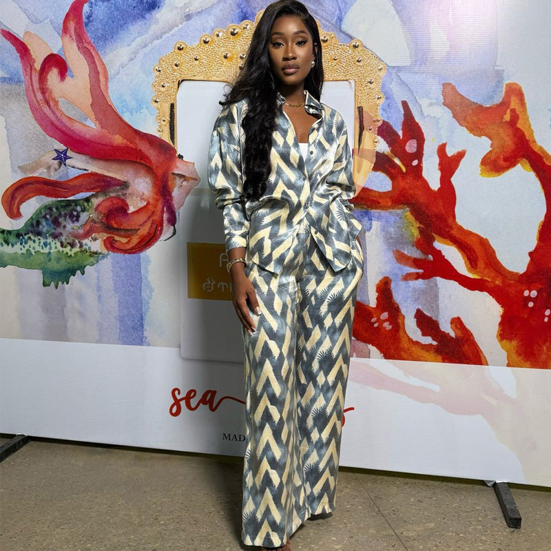 Spring Autumn African Print Long-Sleeved Shirt Trousers Two-Piece Set 4
