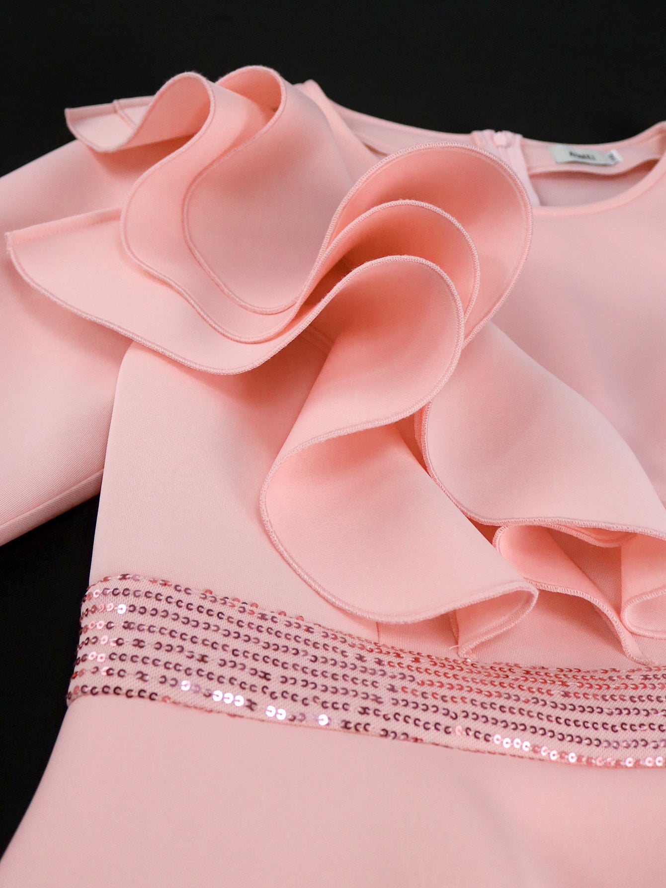 Women Round Neck Bell Bottom Sleeve Party Ruffle Sequin Dress 8