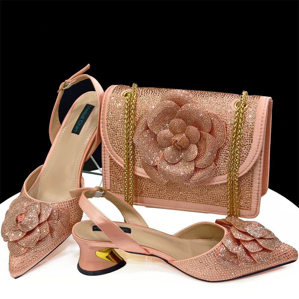 Black+Gold Pointed-Toe High-Heeled Shoes With Square Shoulder Bags Flower Decoration Ladies' Shoe And Bag Set 8