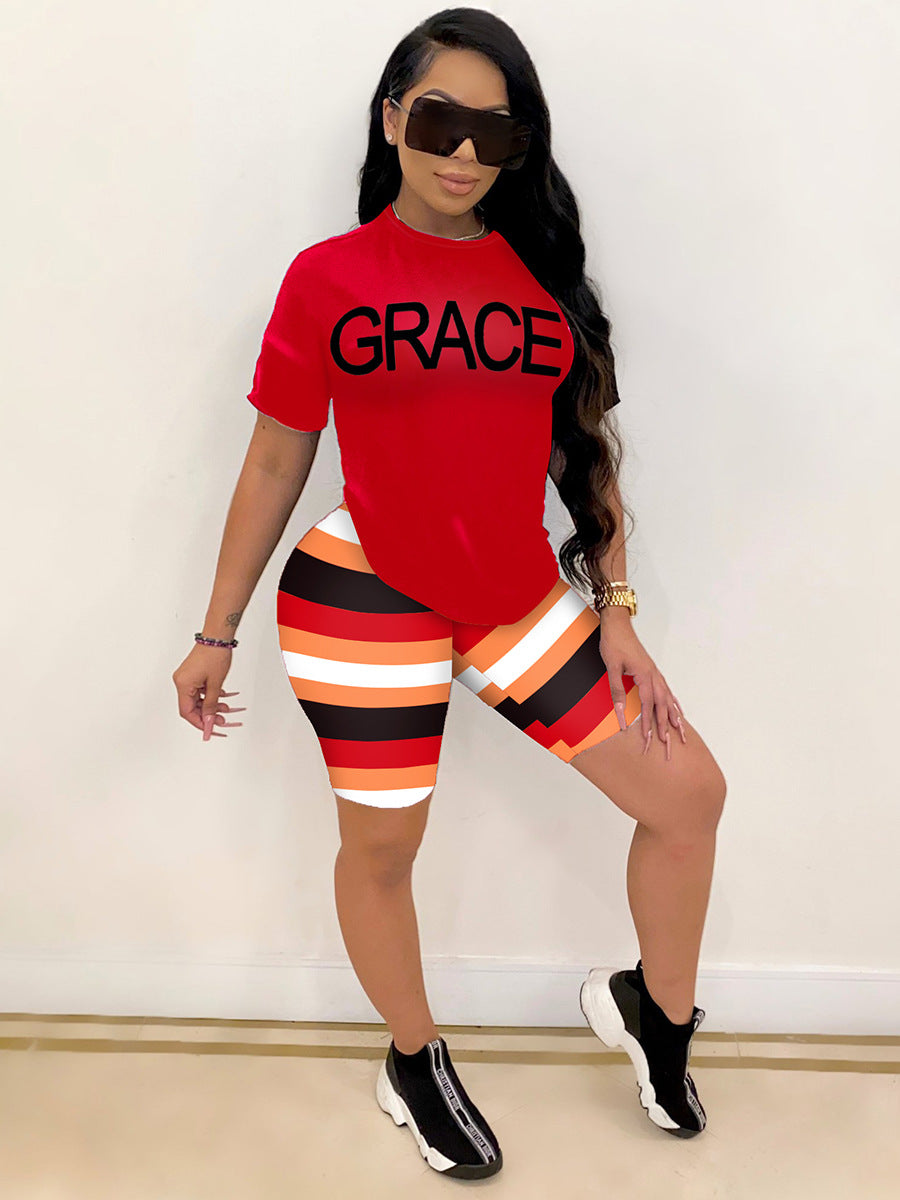 Summer Women letter printed short-sleeved top and shorts two-piece set