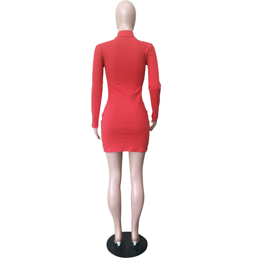 Women Fall and Winter Solid Single-breasted Asymmetric Sweater Dress 10