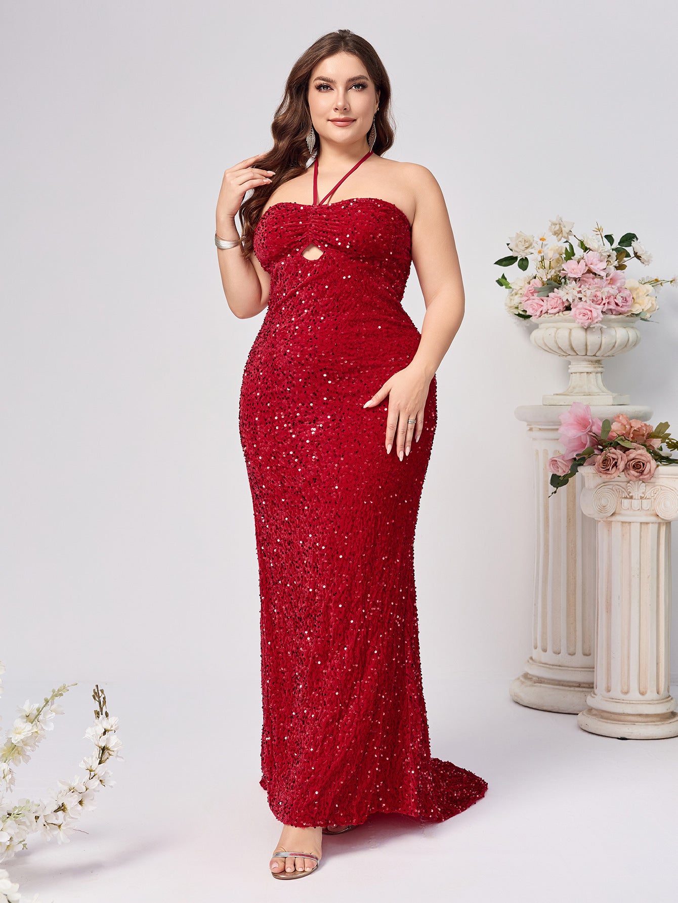 Plus Size Women Fashion Sexy Halter Neck Slit Red Sequin Evening Dresses 7