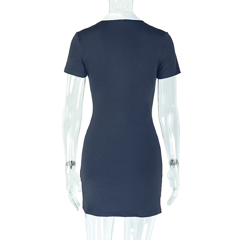 Women's Chic Black-White Contrast Button Short Dress 6