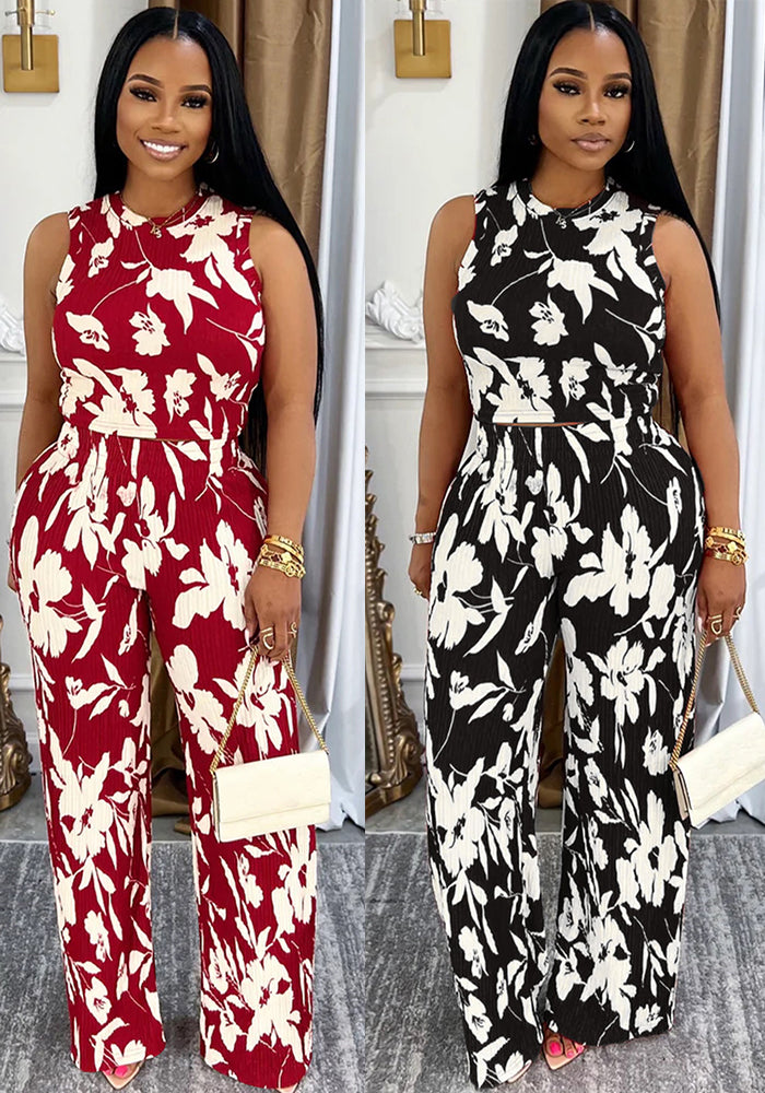 Women Floral Printed Sleeveless Vest and Pants Two-piece Set