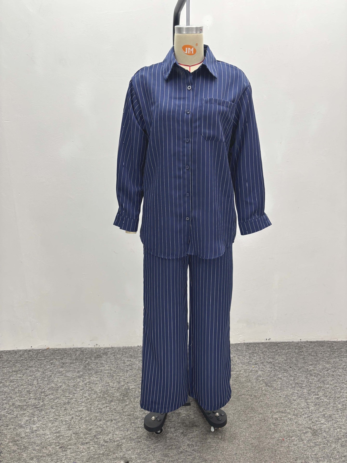 Women French Stripe Casual Long Sleeve Shirt Pants Two-piece Set 4