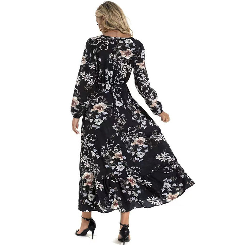 Women Long Sleeve Printed Round Neck Floral Dress