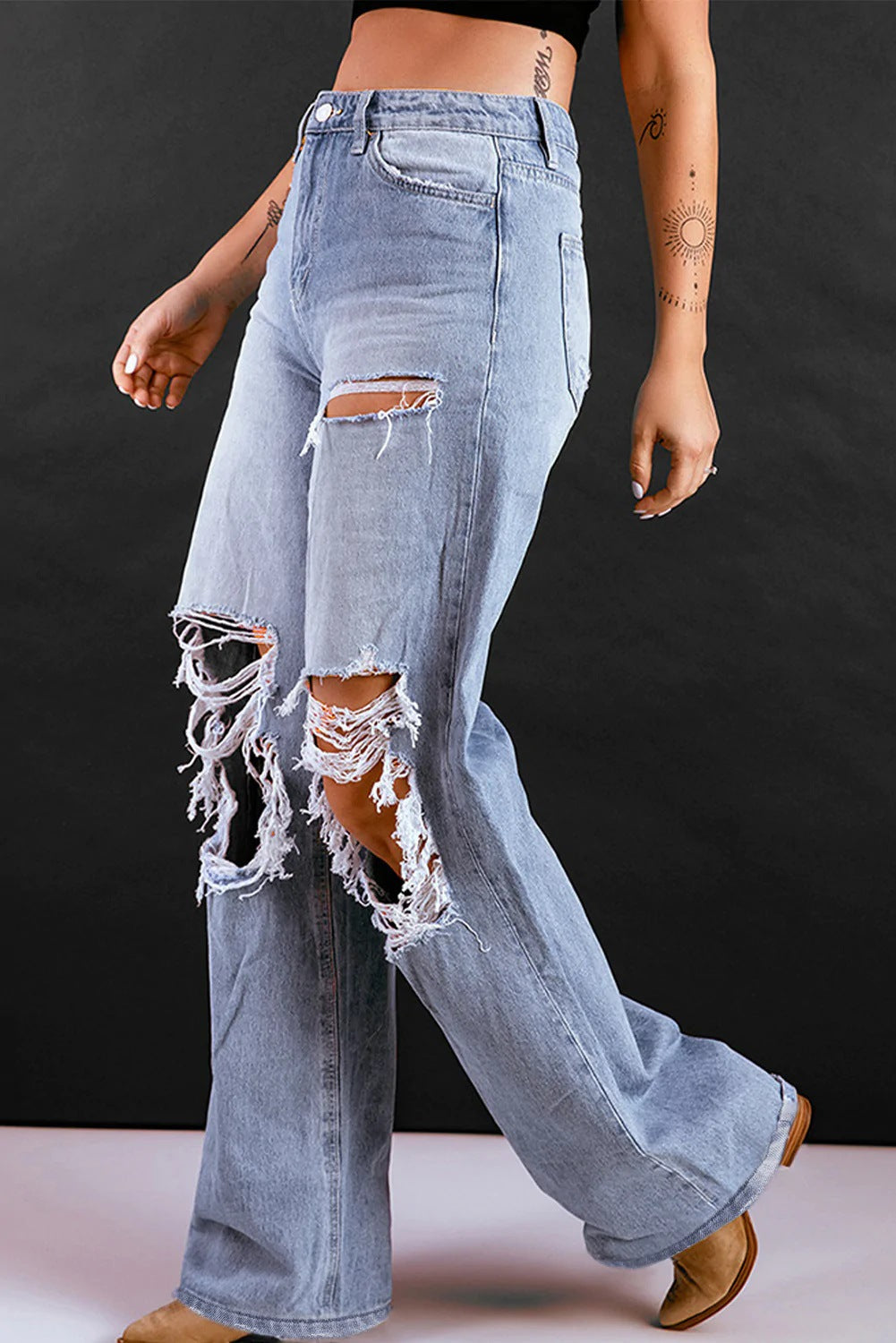Women Loose Retro High Ripped Wide Leg Denim Pants 6