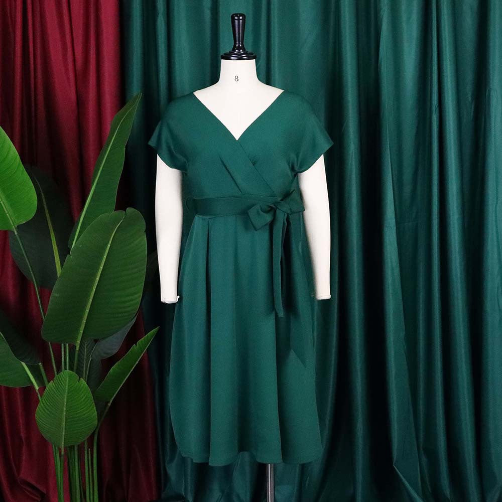 Summer V-Neck Solid Color Slim Waist Bow Lace-Up A-Line Dress 20