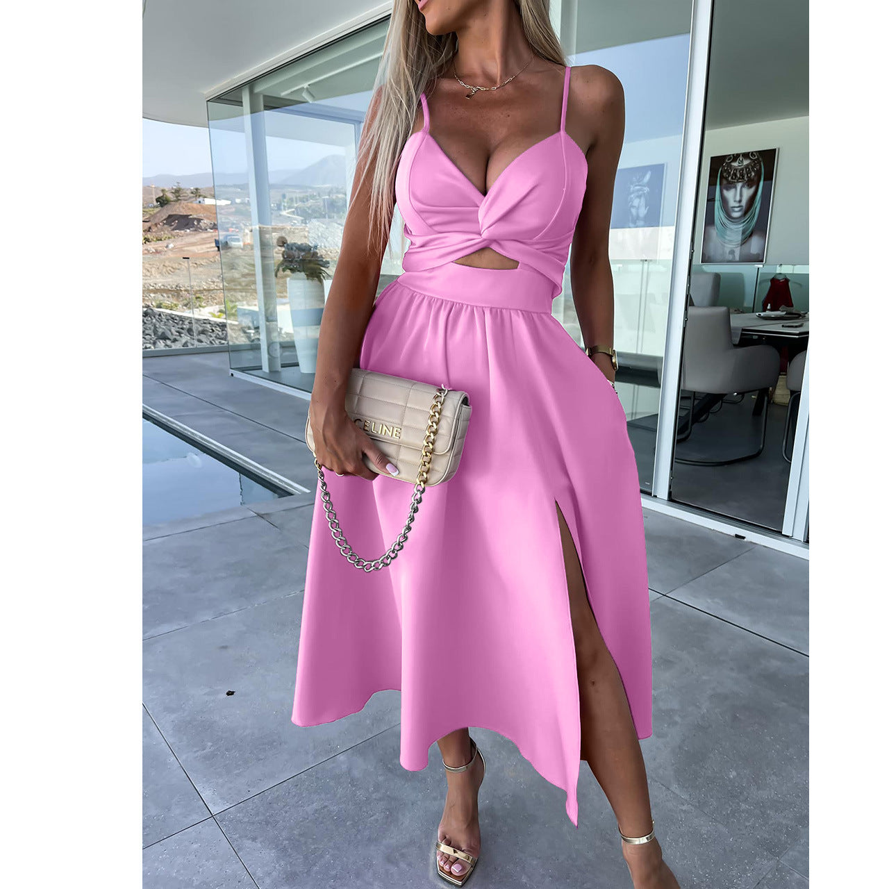 Women Summer V Neck Hollow Slit Suspender Dress 56