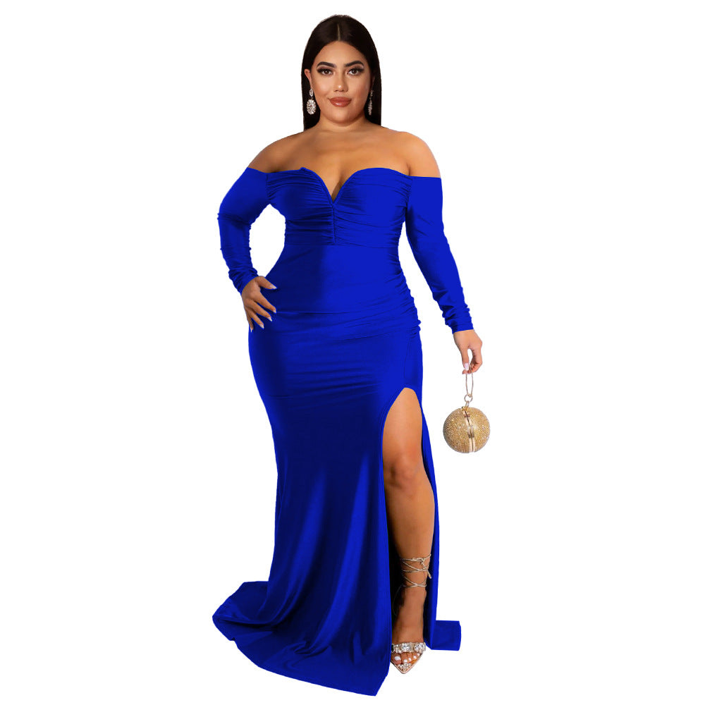 Autumn And Winter Plus Size Women'S Sexy Dress V Neck Solid Color Split Long Nightclub Dress 5