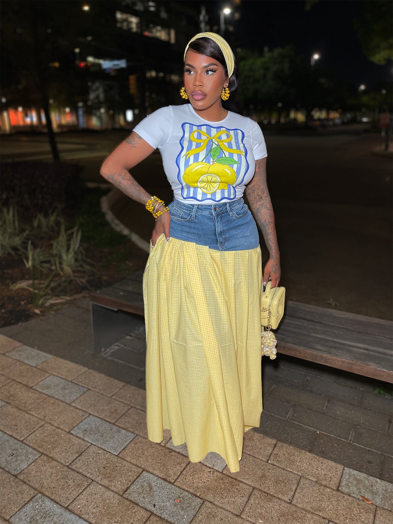 Women Denim Patchwork T-shirt Slit Plaid Skirt Two-piece Set 6