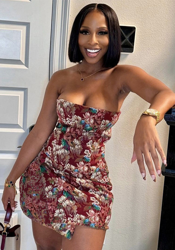 Women Sleeveless Strapless Flower Button Dress