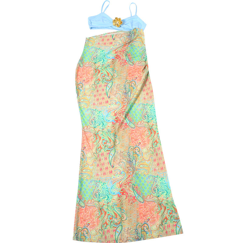 Spring Sexy Contrast Low Back Strappy Patchwork Open Waist Printed Maxi Dress 17