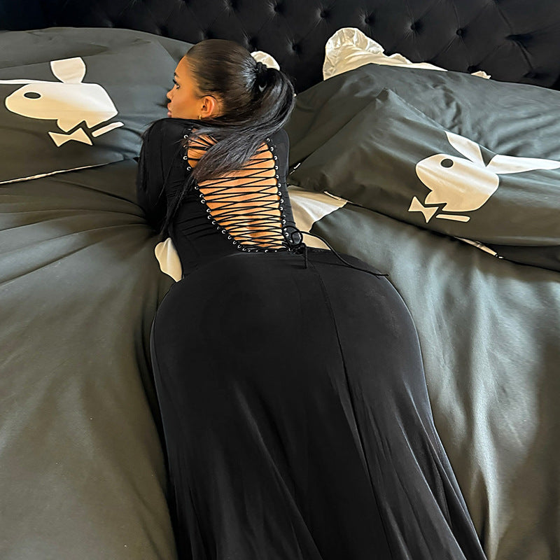 Front And Back Lace-Up Women's Autumn Sexy Long Dress