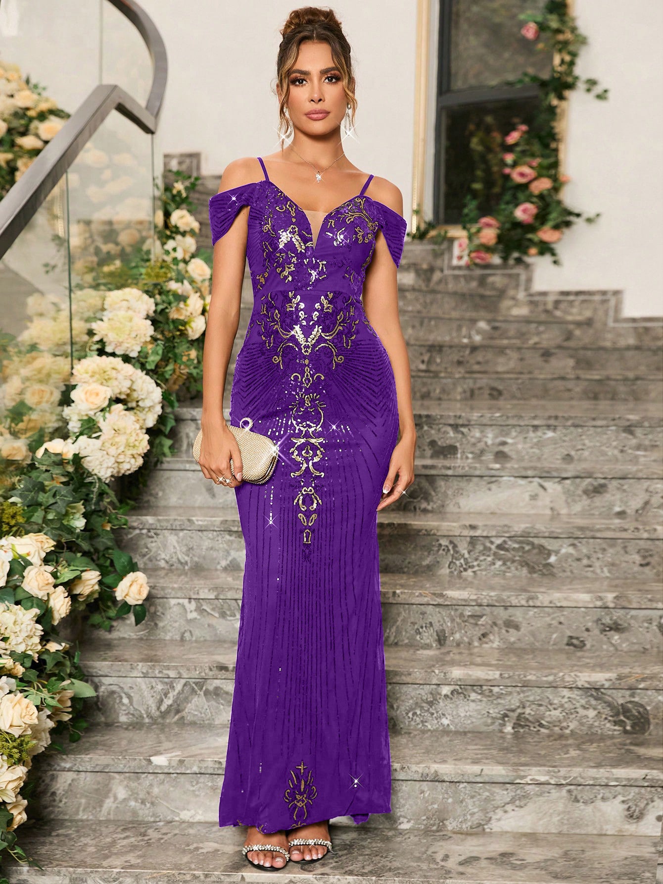 Women off-shoulder summer sequined evening dress