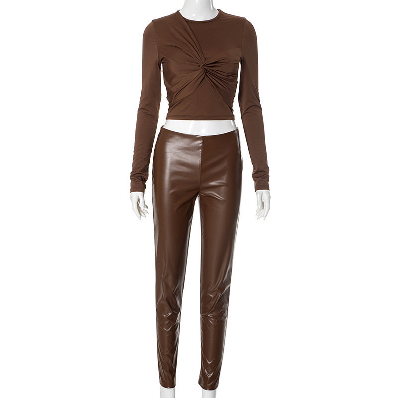 Women long sleeve stretchy pu Leather Top And PantTwo Piece Set 6