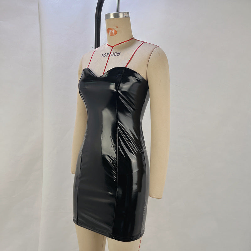 Women PU-leather sexy Strapless off-shoulder Bodycon Dress 10