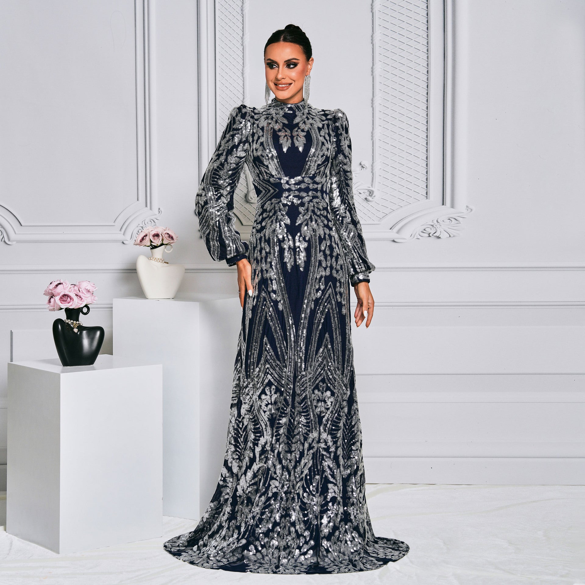 Women Sequined Long Sleeve Round Neck Formal Party Maxi Evening Dress 3