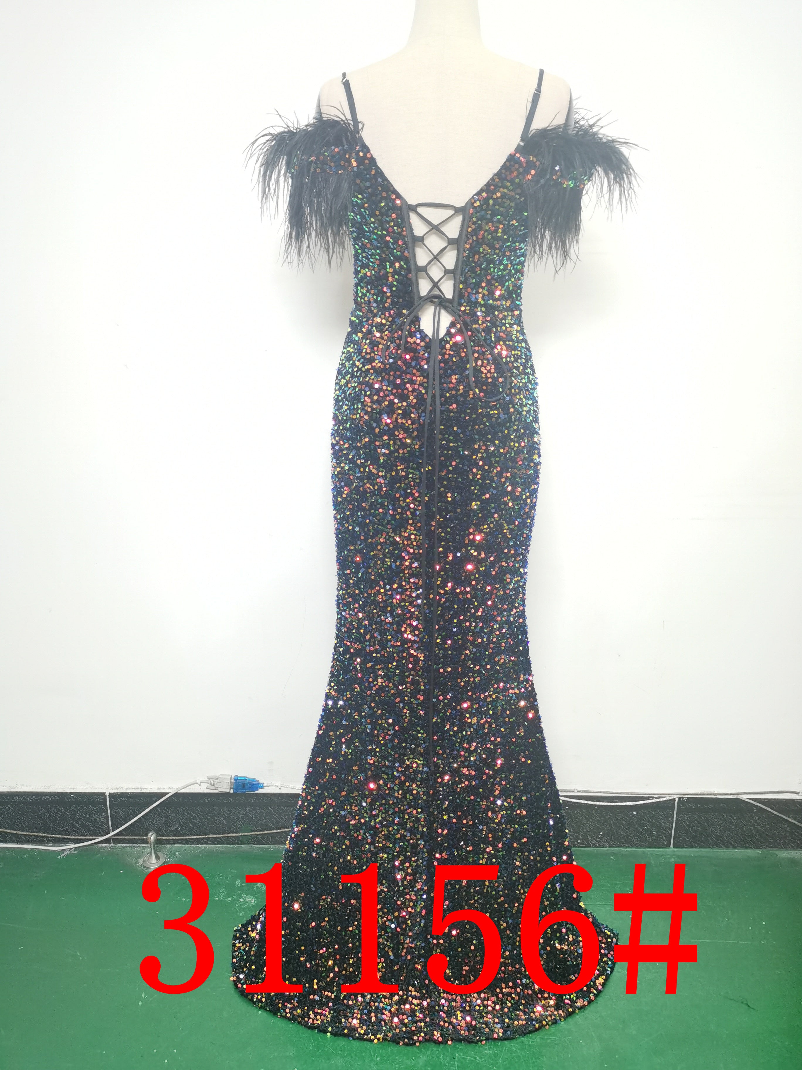 Women Herringbone ostrich velvet sequined mermaid evening dress 25