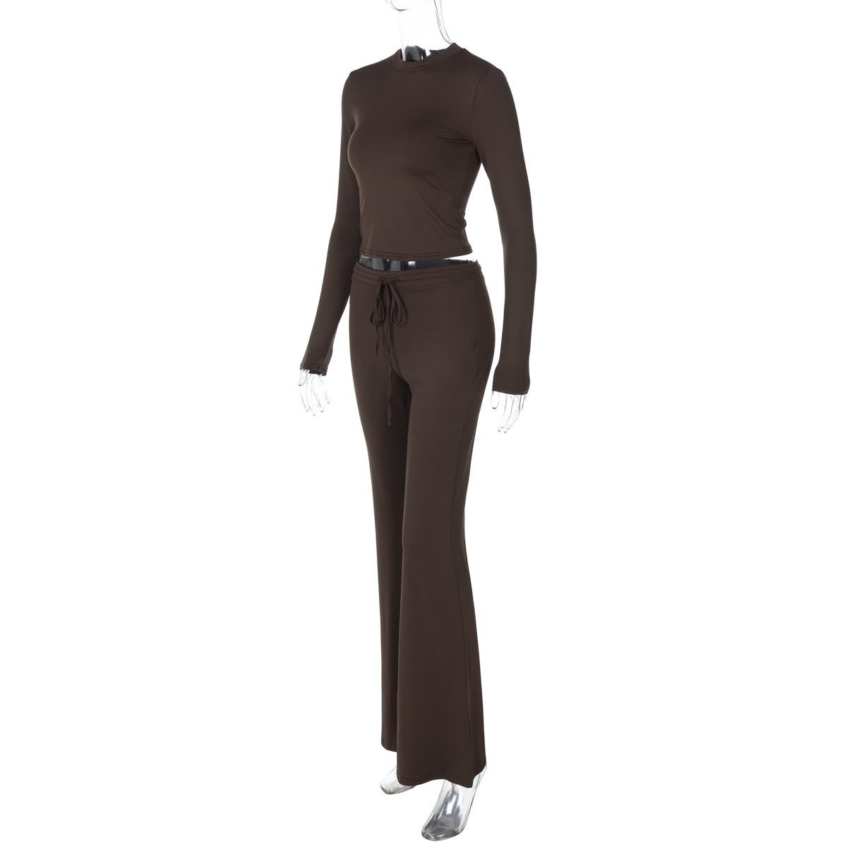 Women Autumn and Winter Crop Long Sleeve Top Lace Bell Bottom PantTwo Piece Set 16