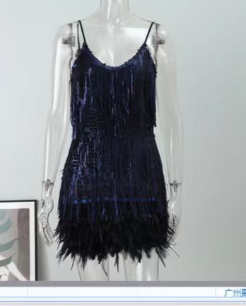 Women Fringe Sequin Feather Dress Dresses 16