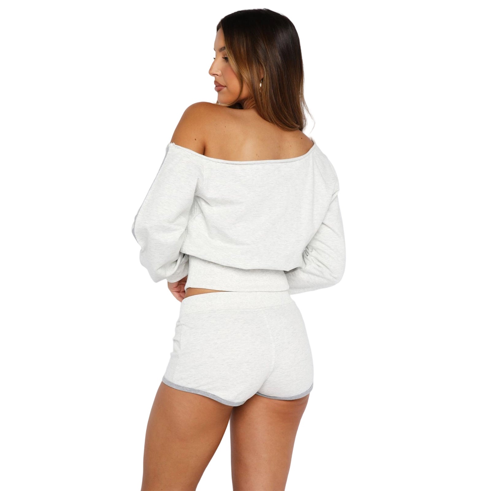 Women's Casual Slash Shoulder Long Sleeve Top Drawstring Shorts Two-Piece Set 17