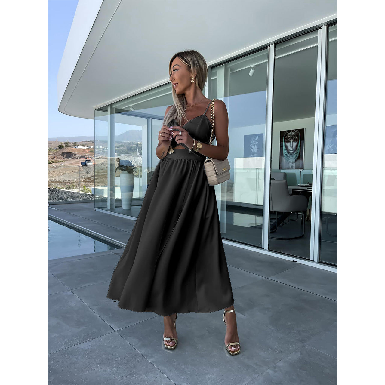 Women Summer V Neck Hollow Slit Suspender Dress 35