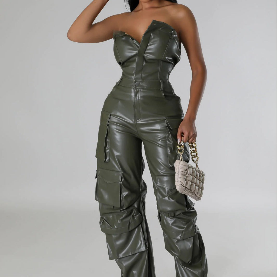 Women's Strapless Low Back Slim Fit Trendy Pocket Jumpsuit 5