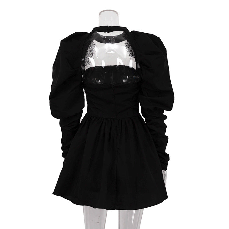 Women Sexy Long Sleeve Strapless Black A-Line Dress 7