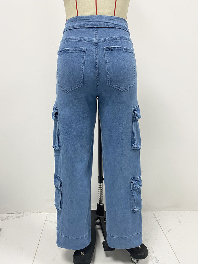 Spring Street Cargo Pants Women Multi-Pocket Wide-Leg Denim Pants 9