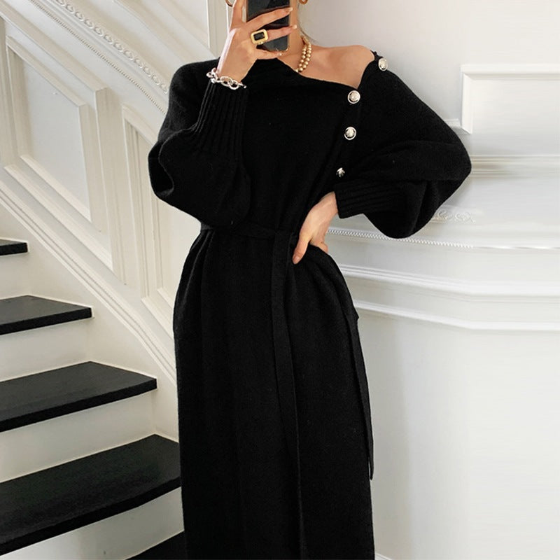 Autumn winter Chic button long sleeve sweater long women Knitting long dress 8