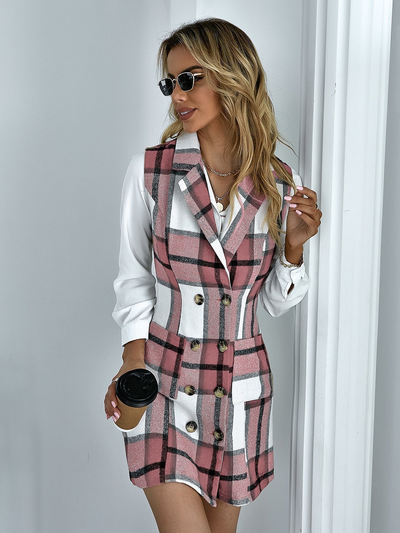 Women's Fashion Plaid Long Vest Turndown Collar Sleeveless Blazer 6