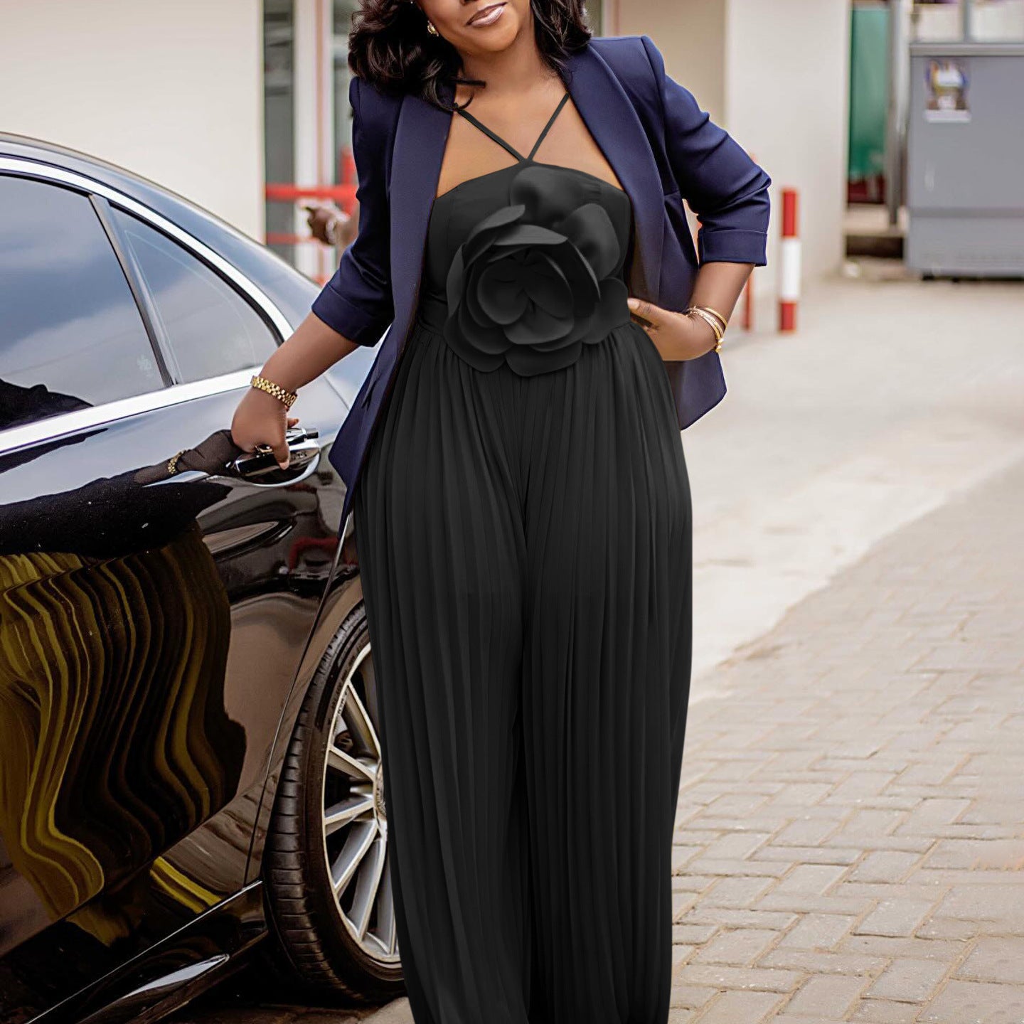 Women's Fashion Sexy Strap Flower Solid Color Pleated Jumpsuit 5