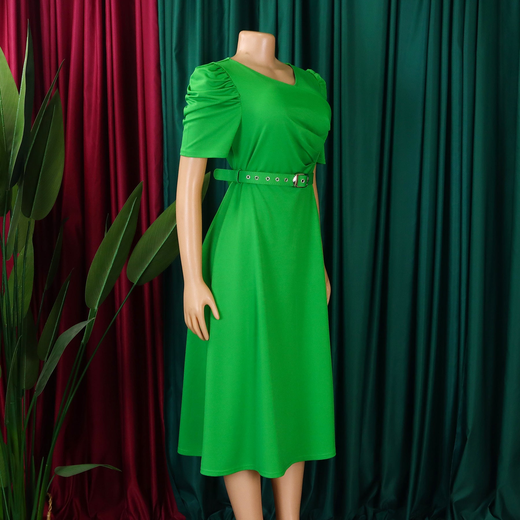 Women's Fashion Pleated Chic Elegant V-neck A-line African Dress 27