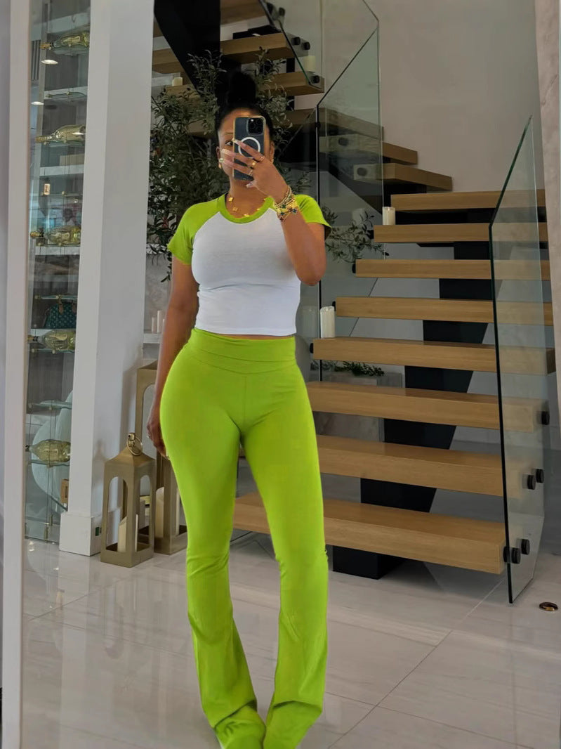 Women American Contrast Raglan Sleeve Casual Sports Yoga Top and Long Pants Two-Piece Set 6