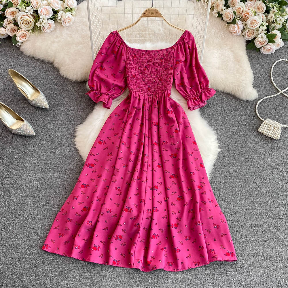 Women Summer French Square Neck Bubble Short Sleeve Slit Dress 35