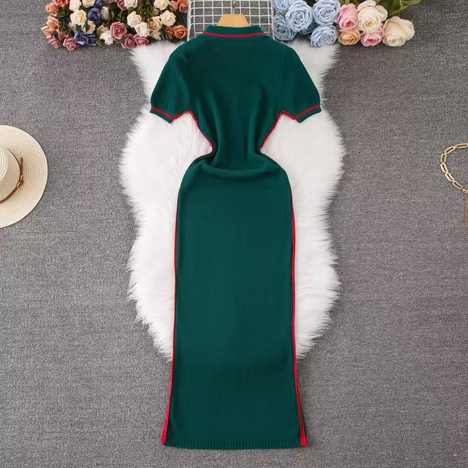 Women's Fashion Turndown Collar V-Neck Short Sleeve Knit Midi Dress 15