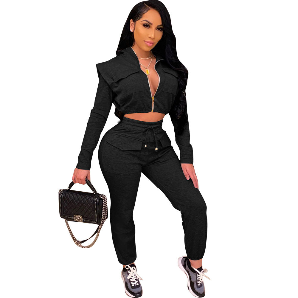 Women Sexy Zip with Cap Long Sleeve Top + Trousers Two-piece Set 4