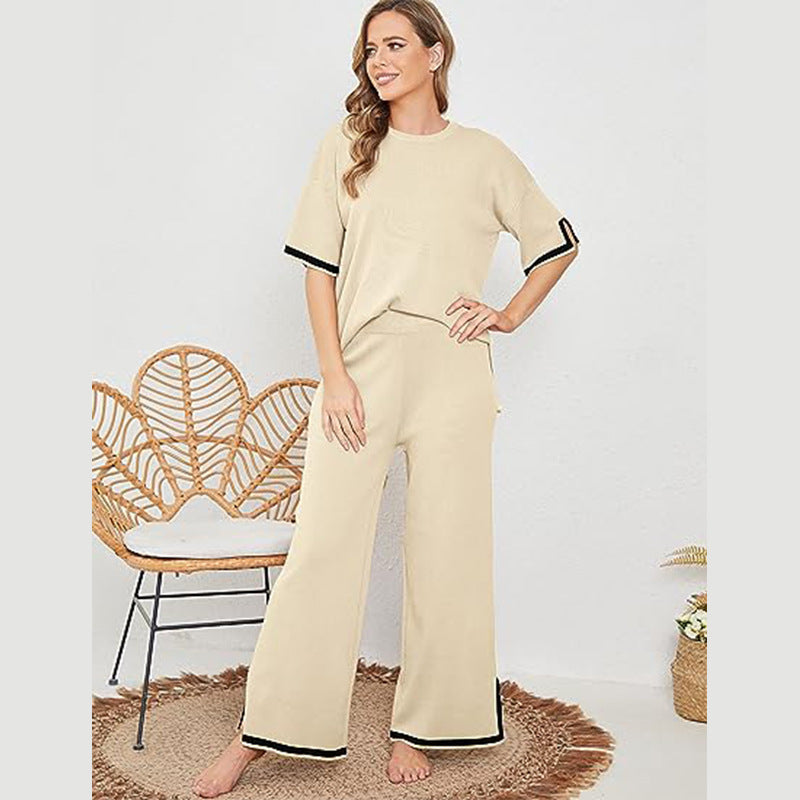 Women summer knitting short-sleeved Topand wide-leg pants two-piece set