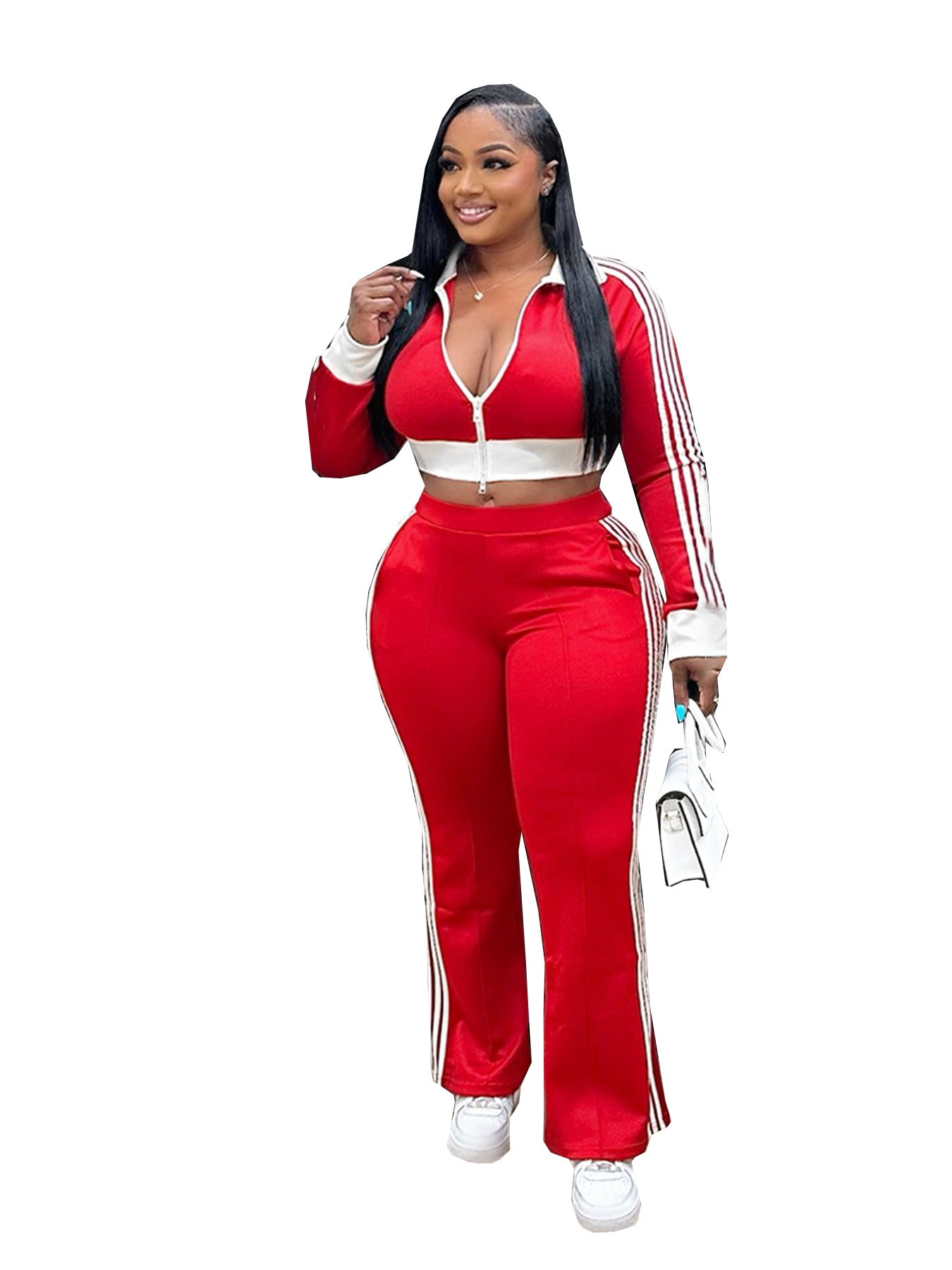 Women Casual contrast color zipper long-sleeved Crop Top and Pants two-piece set 13