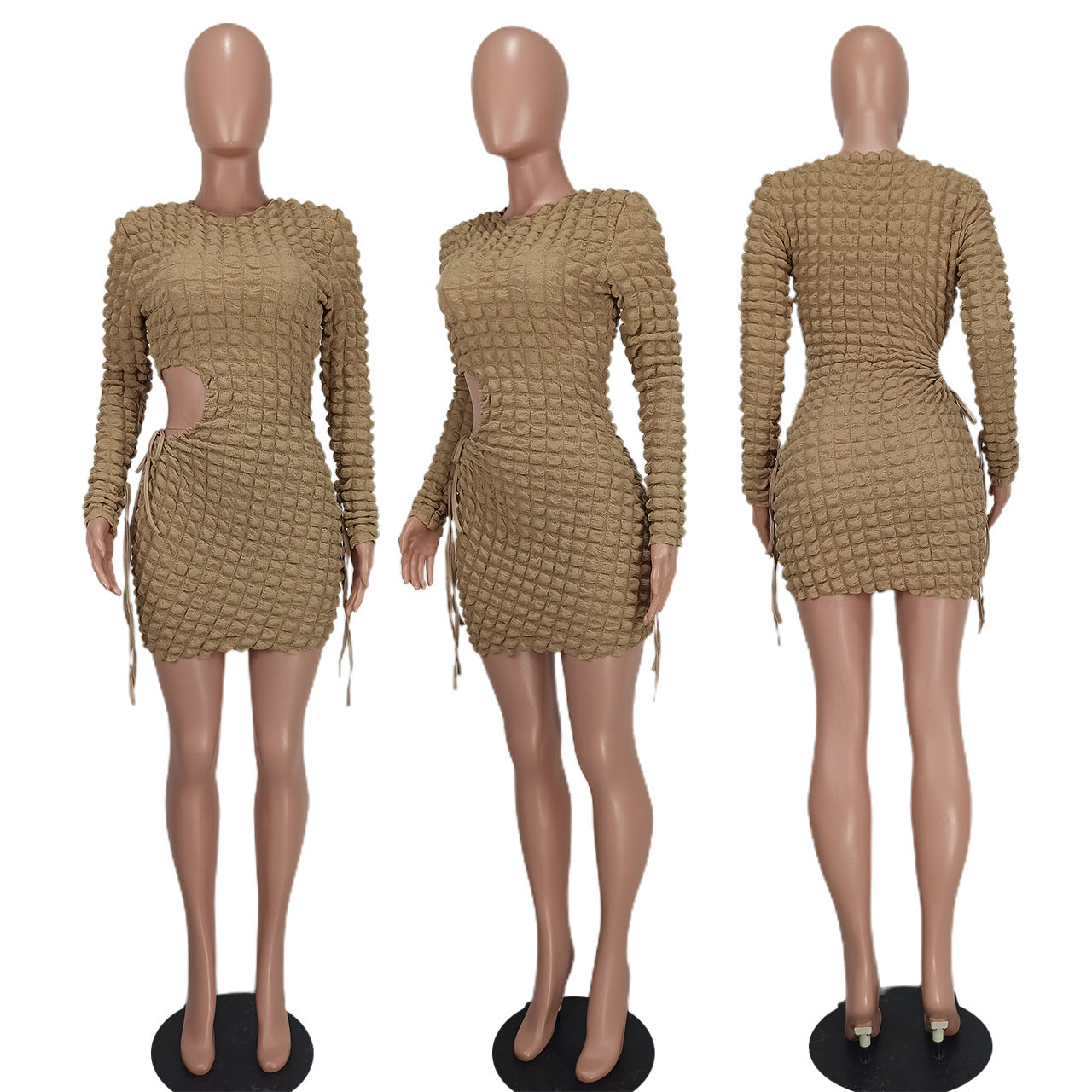 Women Fashion Drawstring Plaid Sexy Cutout Bodycon Dress 17