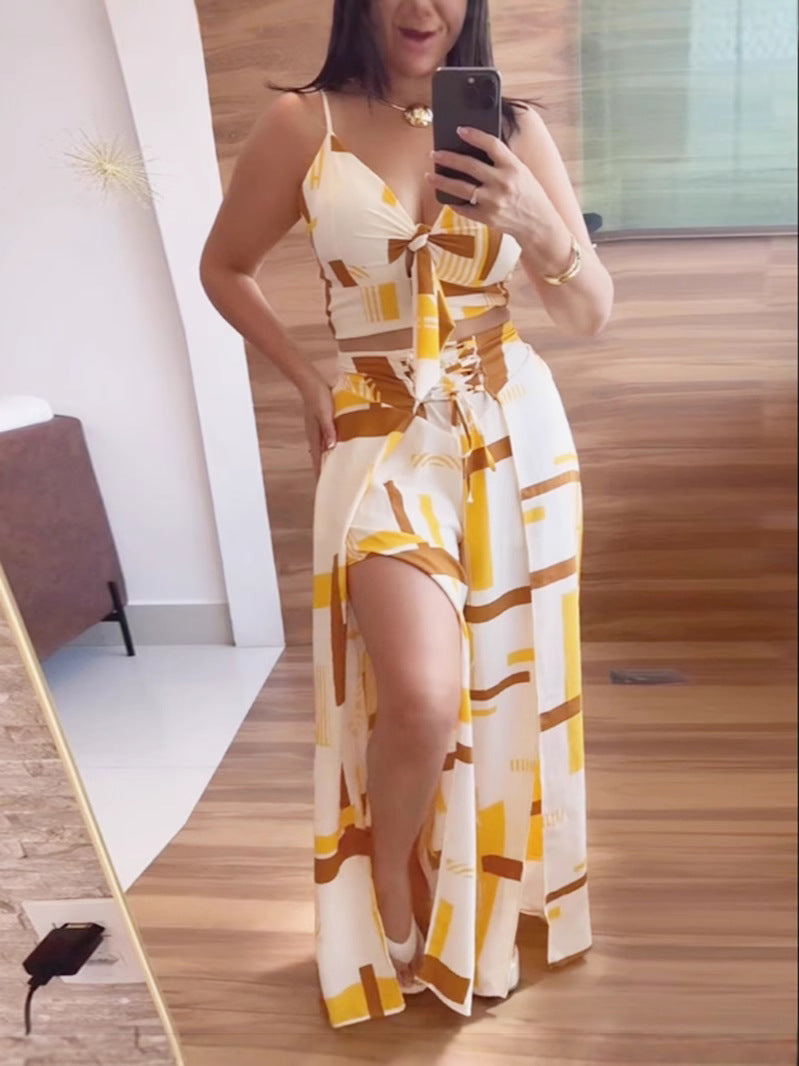 Women Printed Suspender Top and Wide Leg Pants Two-piece Set