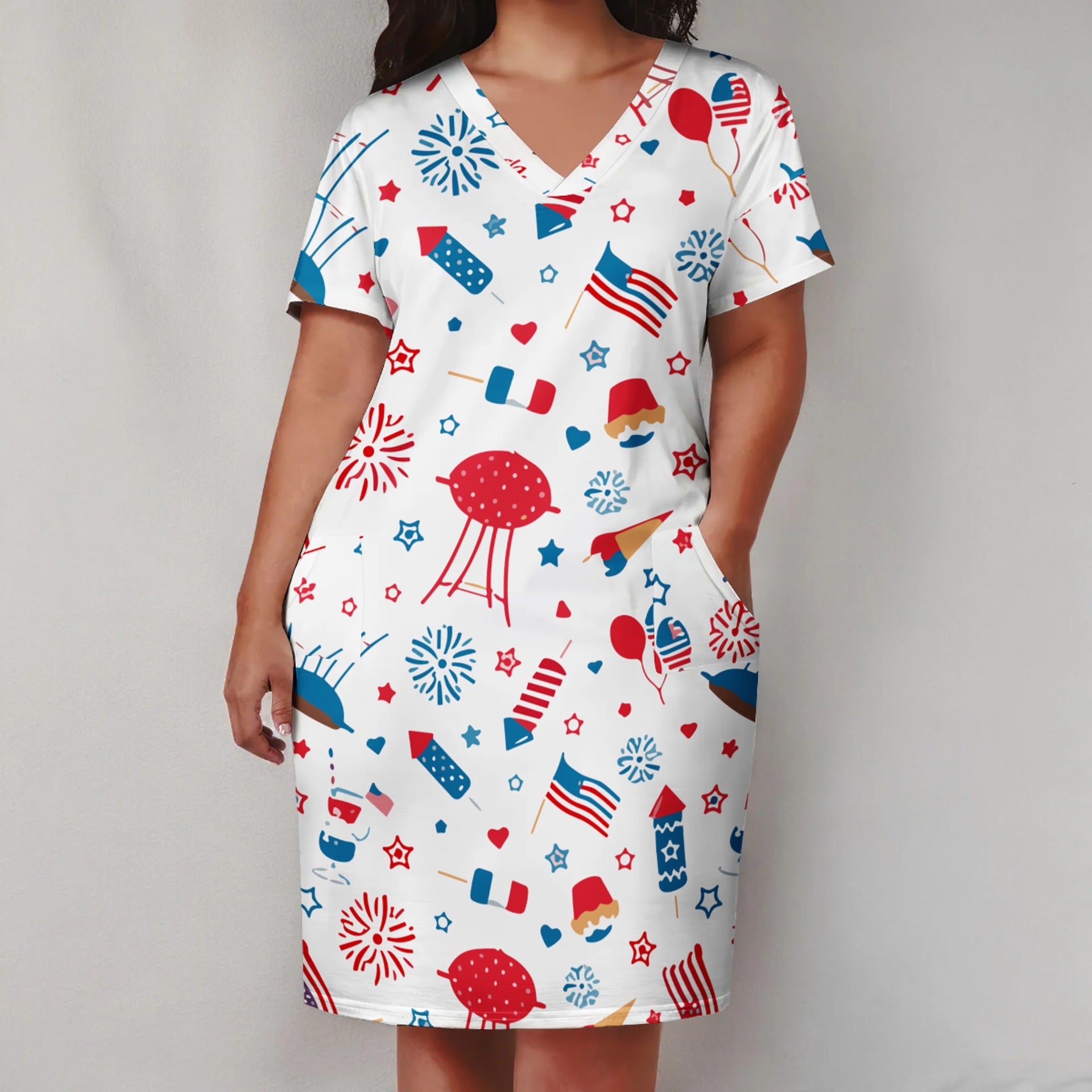 Plus Size Women American Flag V-Neck Pocket Loose Dress
