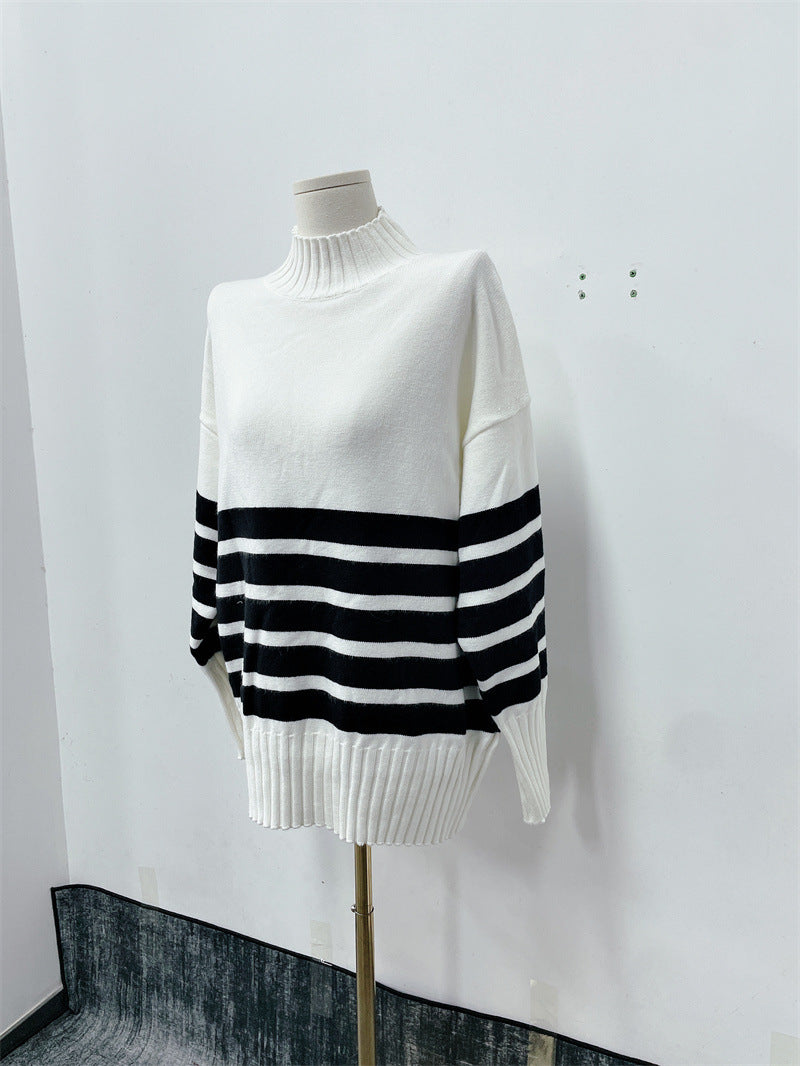 Women autumn and winter black and white striped high collar knitting sweater 10